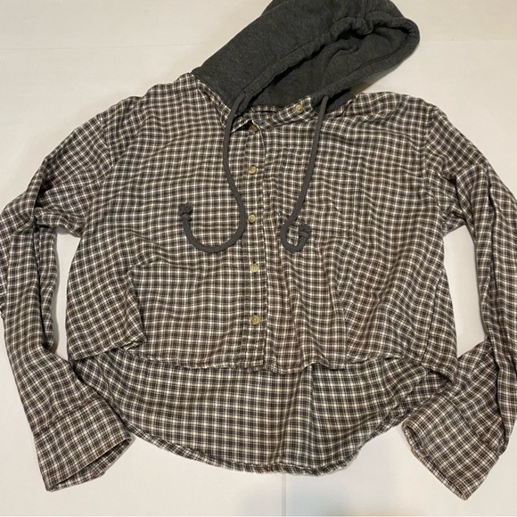 🍁American Eagle Outfitters Gray Plaid Hooded Shirt - Picture 3 of 7